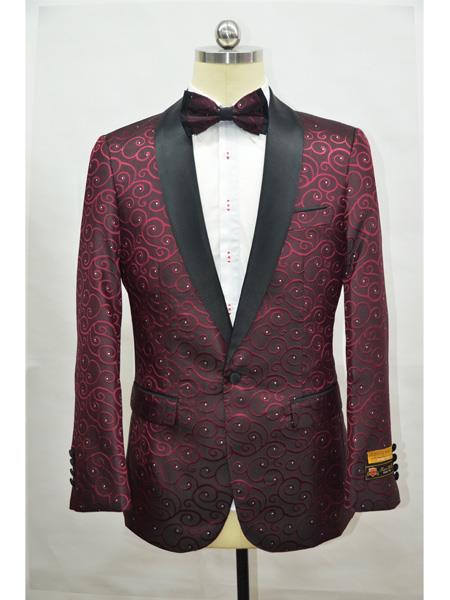 Burgundy ~ Maroon And Black Two Toned Paisley Floral Blazer Tuxedo Dinner Jacket Fashion Sport Coat + Matching ow Tie