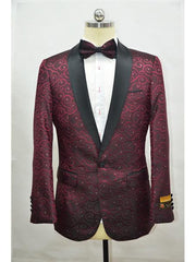 Burgundy ~ Maroon And Black Two Toned Paisley Floral Blazer Tuxedo Dinner Jacket Fashion Sport Coat + Matching ow Tie