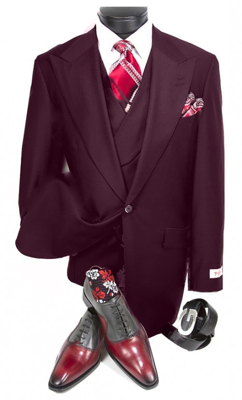 Burgundy Two Button Double Breasted 100% Percent Fabric Slanted Vest - 100% Percent Wool Fabric Suit - Worsted Wool Business Suit