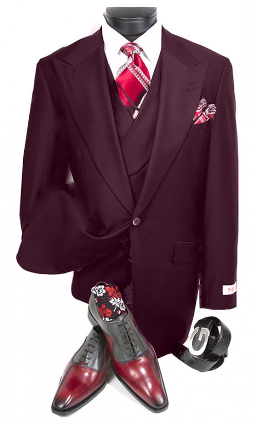 Burgundy Two Button Double Breasted 100% Percent Fabric Slanted Vest - 100% Percent Wool Fabric Suit - Worsted Wool Business Suit