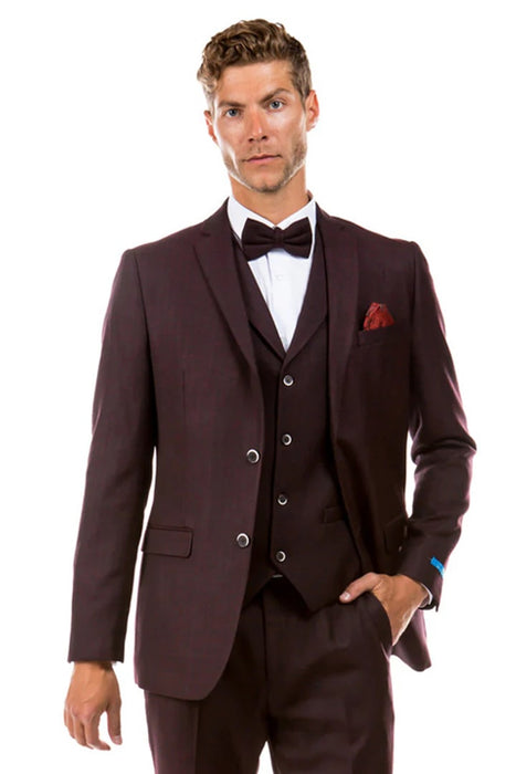 Cheap priced Suit- Men's Two Button Vested Vintage Style Tweed Wedding Burgundy Suit