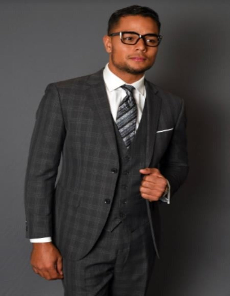 Business Suit - Patterned Suit - 1920s Old School Vintage Suit - Charcoal Grey Window Pane Suit