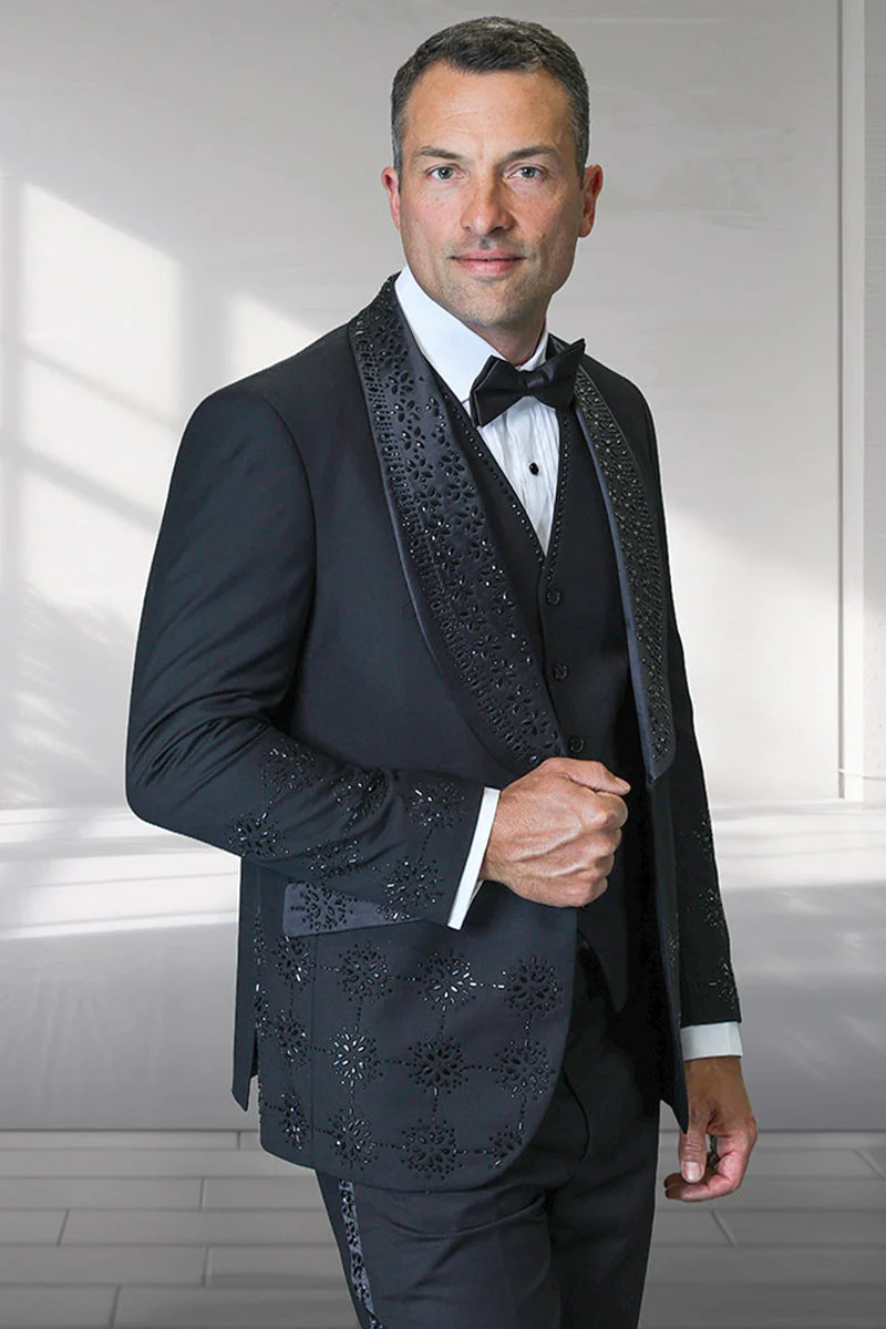 prom tux with black dress Mens Designer Floral Rhinestone and Wedding Tuxedo in and Black Black / 54 Long Jacket+48 Waist Adjust 44 to 50)(Height:6