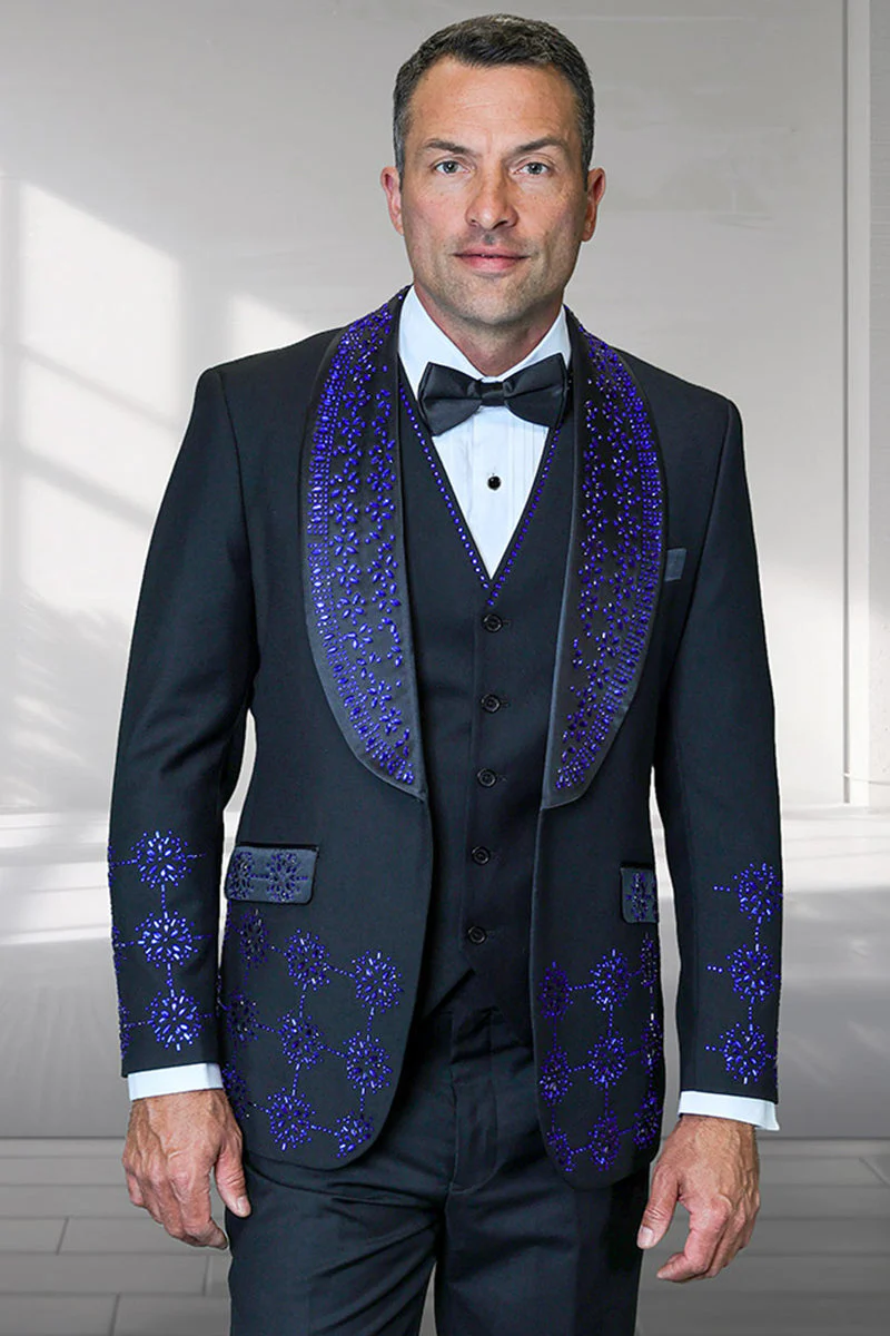 Mens Designer Floral Rhinestone Prom and Wedding Tuxedo in Black and Royal Blue