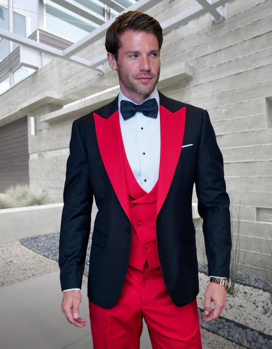 Statement Men's Black Vested with Red Peak Lapel 100% Wool Tuxedo