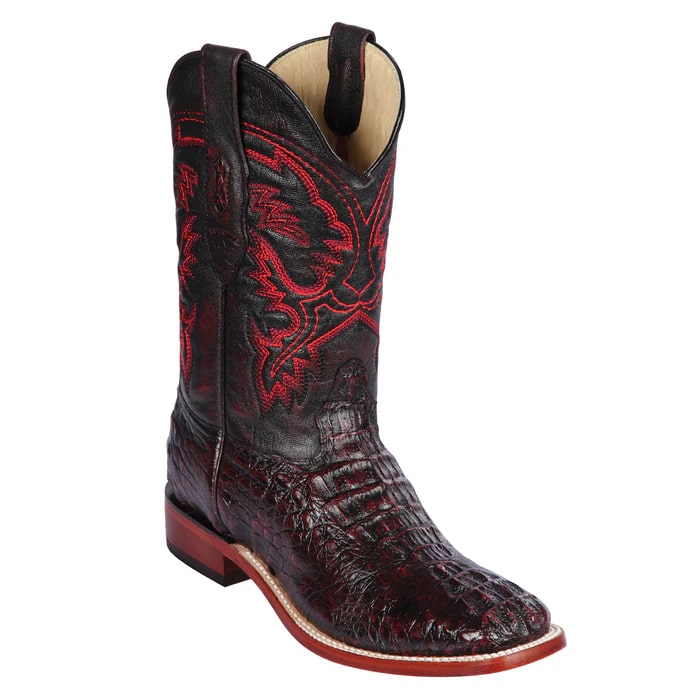 Los Altos Boots - Mens Dress Cowboy Boot - Low Priced Caiman Horn-Back Square Toe Cowboy Boots- in Black Cherry
