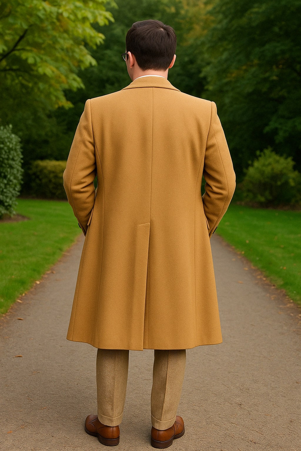 Great Gatsby Package - Mens Camel Overcoat with Beige Tweed 3-Piece Suit Combo 4 Items Formal Winter Outfit - Image 4