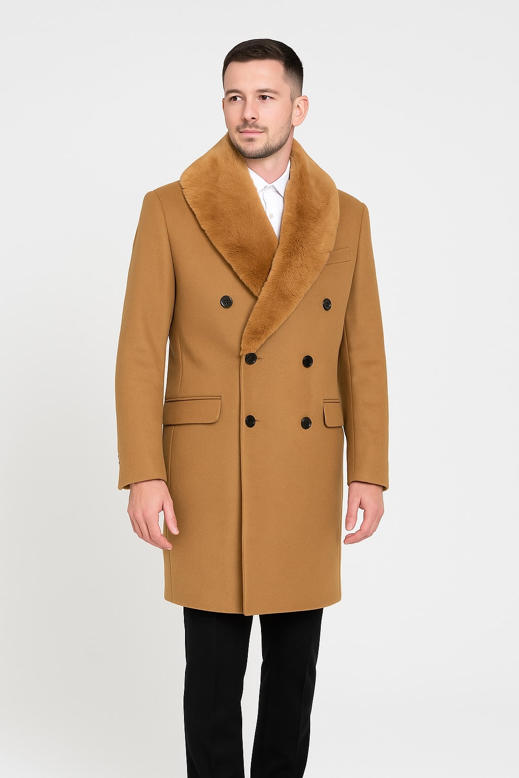 Mens Camel Wool Overcoat with Faux Fur Shawl Collar – Double-Breasted Winter Dress Coat Camel / Coat Size 46