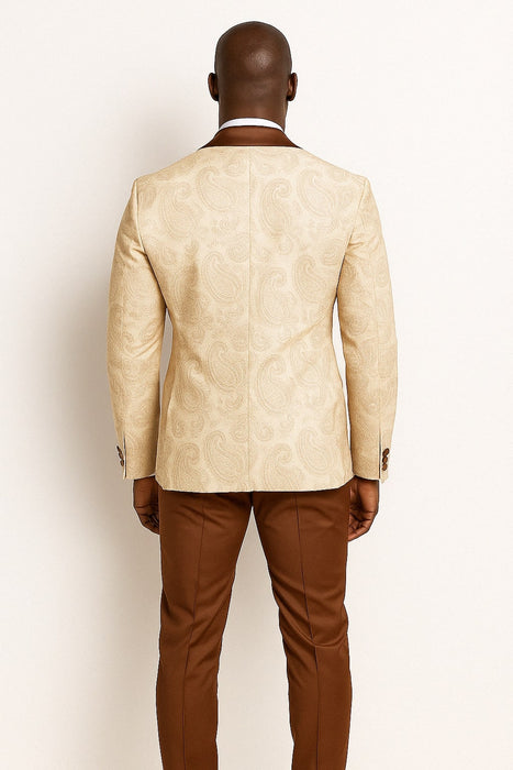 Mens Champagne Paisley Tuxedo with Brown Satin Lapel and Pants – Formal Wedding Suit with Chain Brooch