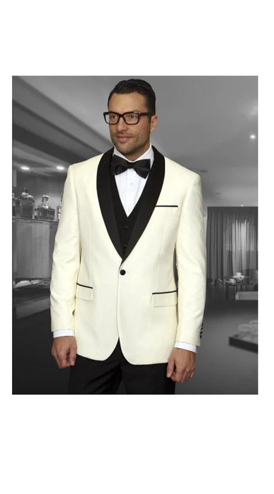 Champagne Suit Men's Cream ~ Ivory  ~ Off White Dinner Jacket 1 Button Blazer Sport Coat Black Lapel + Matching Vest & Pants As soon on the picture + Free Shirt & Bowtie