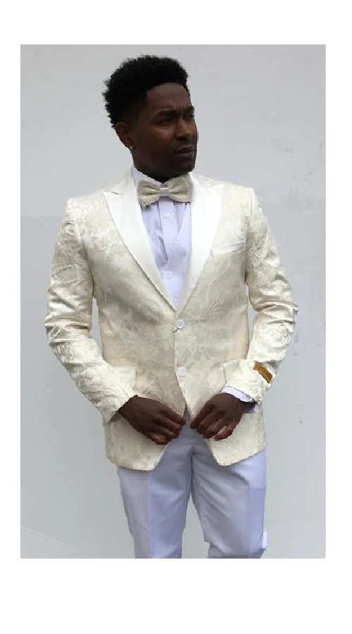 Champagne Suit SKU#Blazer-777 Ivory ~ Cream ~ Off White Paisley ~ Floral Blazer Dinner Jacket Slim Fit Sport Coat W