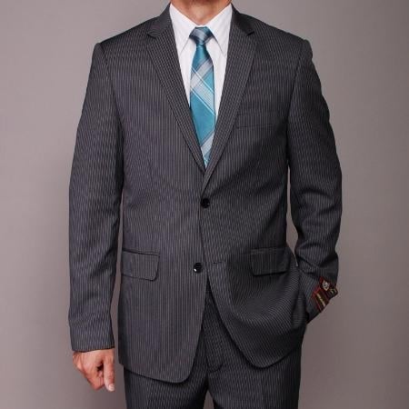 Men's Charcoal Pinstripe 2-button Slim-fit Cheap Priced Business Suits Clearance Sale
