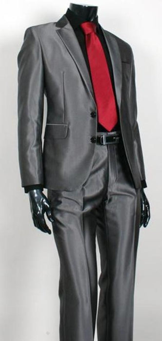 Shiny Sharkskin Charcoal Gray 2 Button Style Jacket Flat Front Pants New Style - Color: Dark Grey Suit