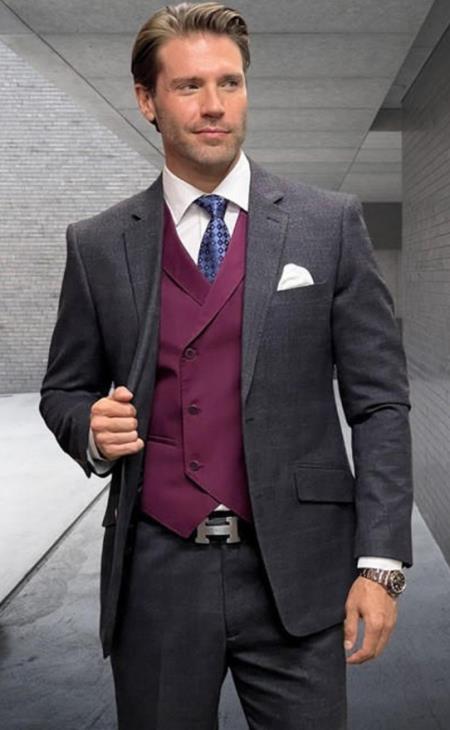 Charcoal Plaid - Vested Suits - Statement Brand - Vested Suits Wool Suits - Suits With Double Breasted Vest - Windowpane Pattern - 100% Percent Wool Fabric Suit - Worsted Wool Business Suit