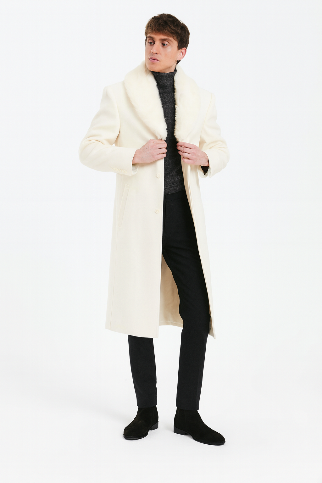 Men’s Ivory Full-Length Overcoat with Luxurious Faux Fur Shawl Collar – Winter Dress Coat Ivory / Coat Size 60