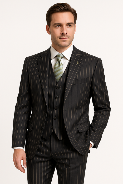 Mens Gangster Pinstripe 2 Button Double Breasted Vest Suit in Black Or Charcoal Grey