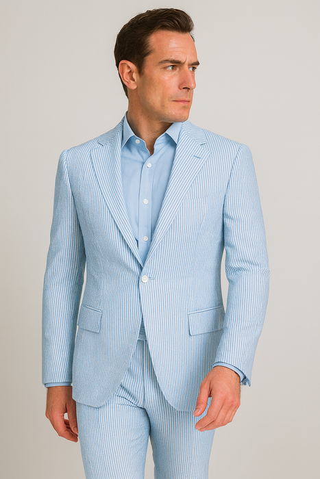 Seersucker Suit Peak Lapel Suit in Color "BLUE" - Summer Fabric Tone on Tone Shadow Stripe By Rossiman