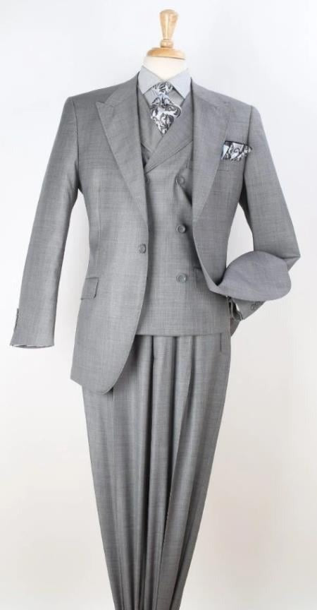 Classic Wool Fabric Fit - Pleated Pant - Peak Lapel With Double Breasted Vest - Athletic Fit Silver Mens Suit