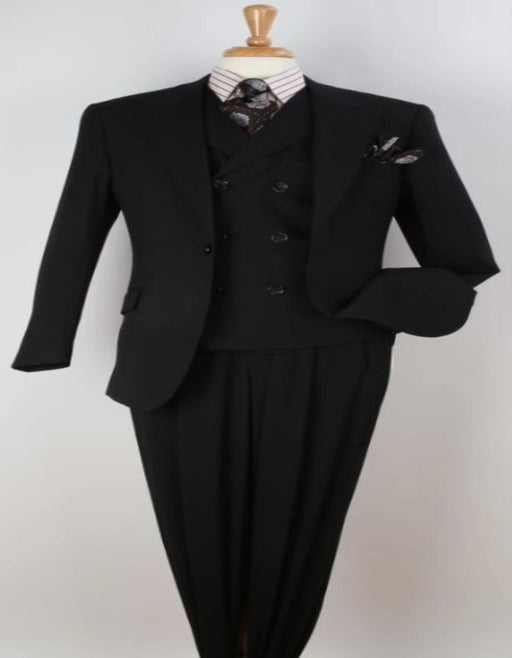Classic Wool Fabric Fit - Pleated Pant - Peak Lapel With Double Breasted Vest - Athletic Fit Solid Mens Suit