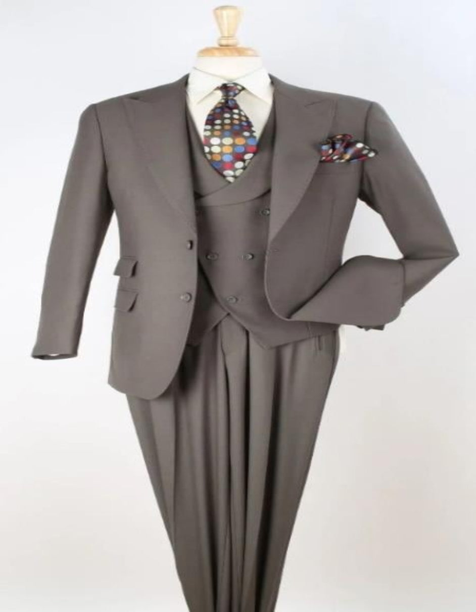 Classic Wool Fabric Fit - Pleated Pants - Peak Lapel With Double Breasted Vest - Athletic Fit Camel Men Suit