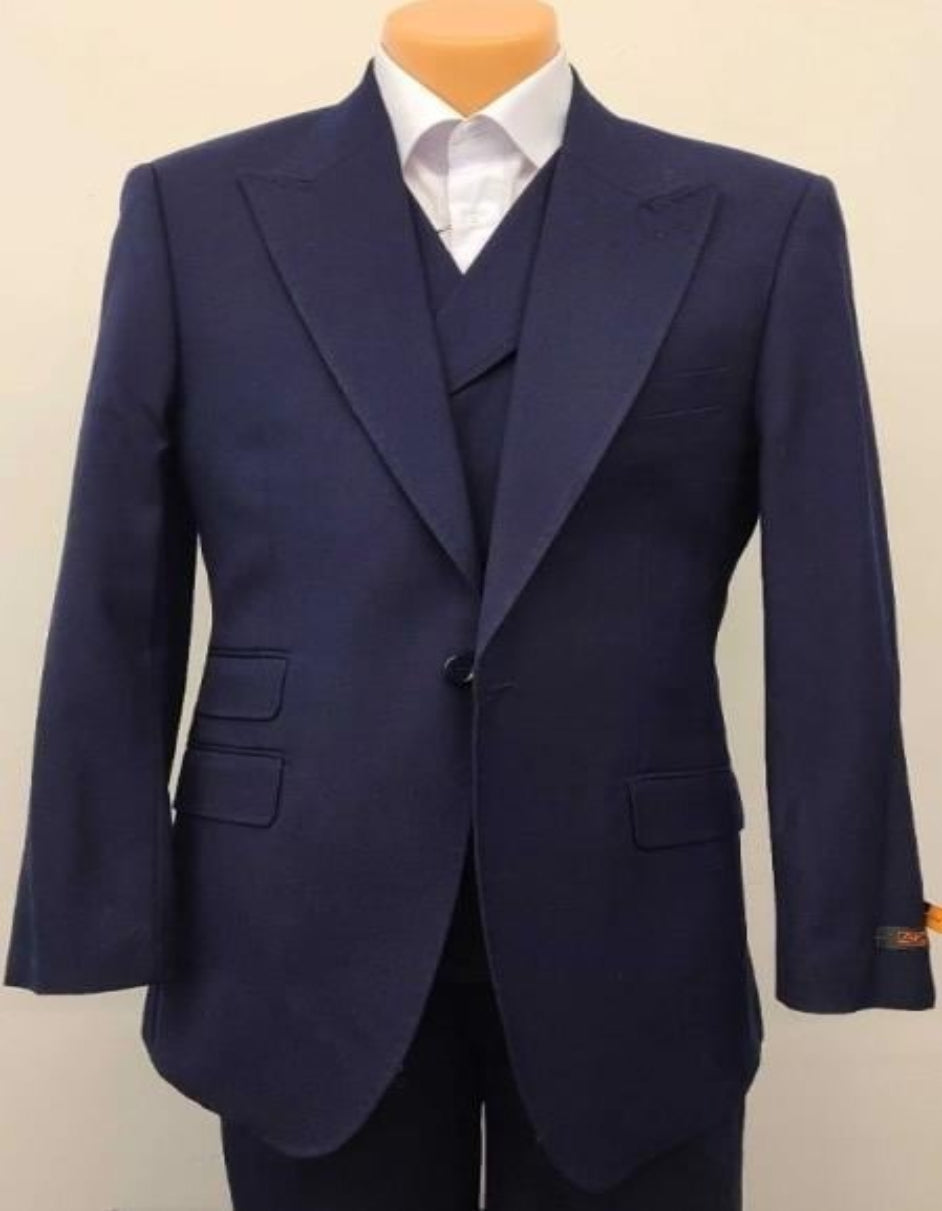 Classic Wool Fabric Fit - Pleated Pants - Peak Lapel With Double Breasted Vests - Athletic Fit Solid Mens Suit