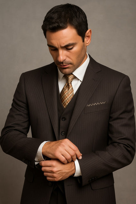 Classic Vested 3 Pieces 2 Button Dark Brown Stripe ~ Pinstripe Men's Suit  Discounted Sale