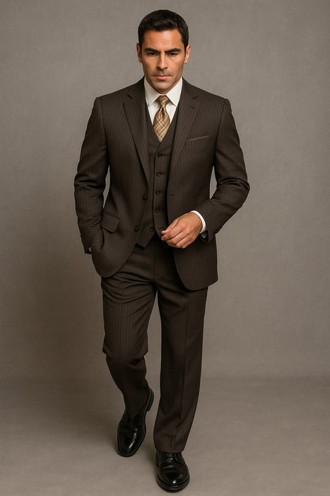 Classic Vested 3 Pieces 2 Button Dark Brown Stripe ~ Pinstripe Men's Suit  Discounted Sale