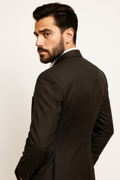 Classic Vested 3 Pieces 2 Button Dark Brown Stripe ~ Pinstripe Men's Suit  Discounted Sale