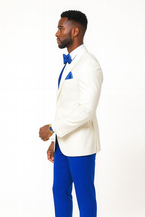 White and Royal Blue Tuxedo Wedding Suit - White Dinner Jacket + Vest + Pants + Bow-tie