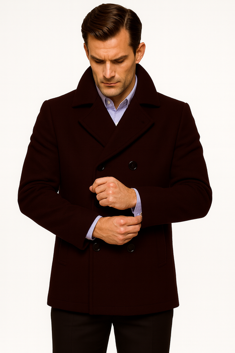Men's Dark Brown  Wool Fabric Big and Tall Men's Peacoat