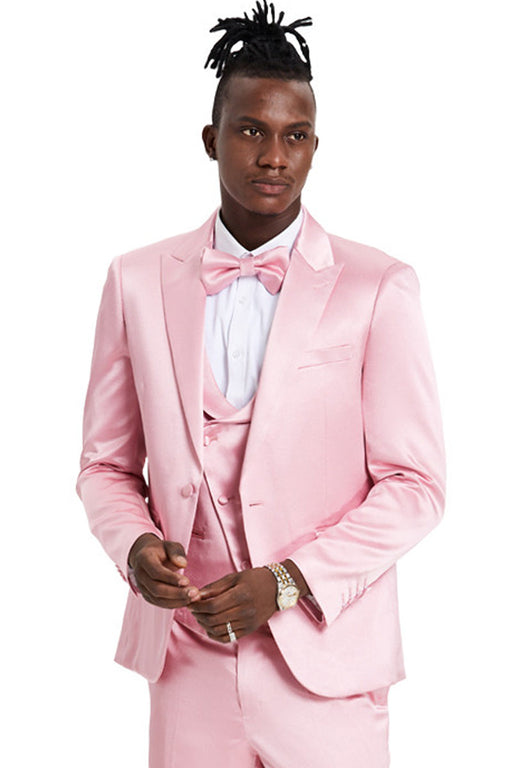 Graduation Suit - Men's One Button Vested Shiny Satin Sharkskin Prom & Wedding Party Suit in Dusty Rose