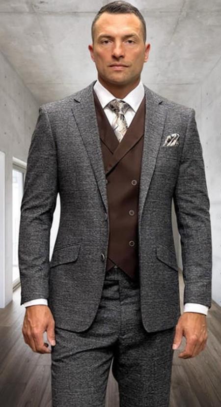 Copper Plaid - Vested Suits - Statement Brand - Vested Suits Wool suits - Suits with Double Breasted Vest - Windowpane Pattern - 100% Percent Wool Fabric Suit - Worsted Wool Business Suit