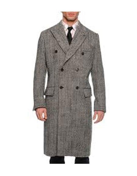DBCoat Men's Dress Coat Double Breasted Black ~ White Six Button Gray Herringbone Tweed Overcoat Full length