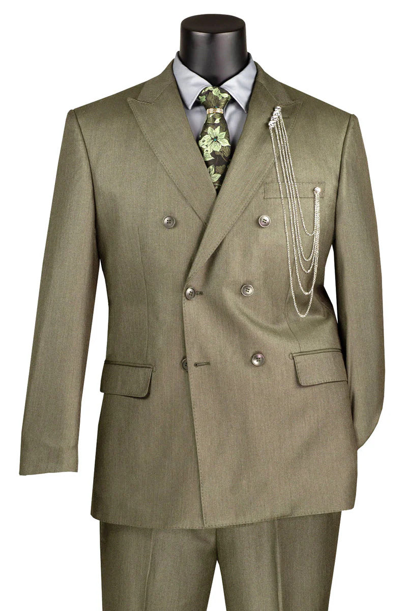 Mens Double Breasted Sharkskin Suit in Dusty Olive Green Modern Fit