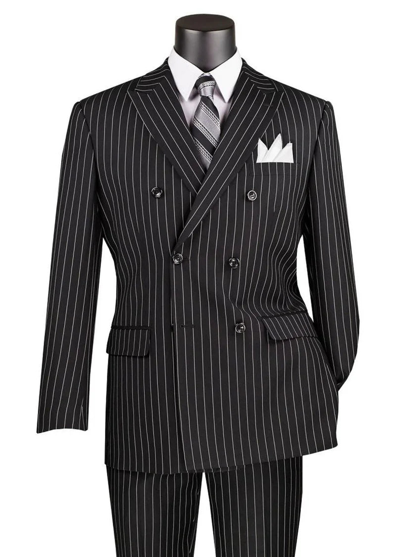 Rockefeller Collection - Double Breasted Stripe Suit Black Regular Fit 2 Piece Modern Fit