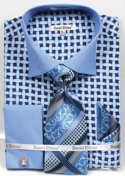 Daniel Ellissa Blue Bright Net Pattern Two Tone French Cuff Shirt Big and Tall Sizes Two Toned Contrast 18 19 20 21 22 Inch Neck Men's Dress Shirt