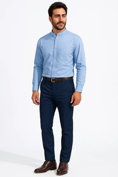 Daniel Ellissa Poly-Cotton Blend Banded Collar Light Blue fashion Dress collarless Men's Dress Shirt