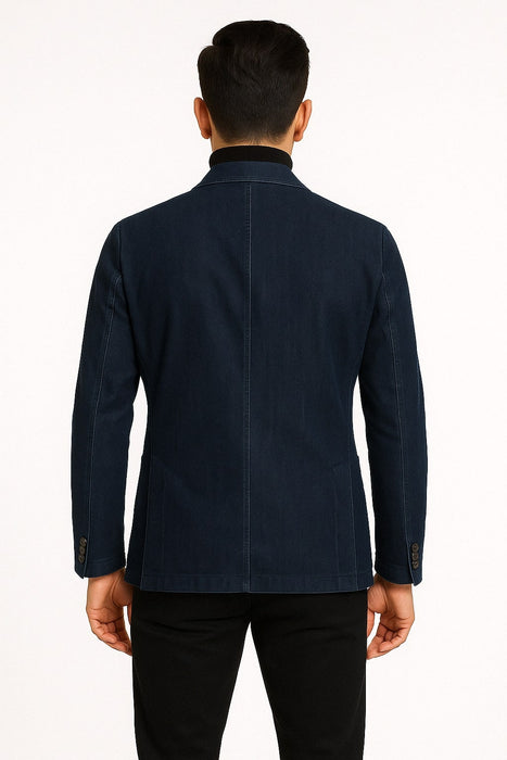 Mens Dark Blue Denim Casual Blazer with Notch Lapel and Single Button Closure