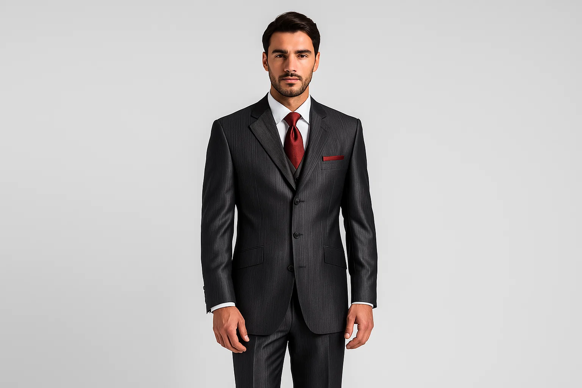 Ticket Pocket 3 Button Peak Lapel Dark Gray Sharkskin Shiny Metallic Jacket & Pants Cheap Priced Business Suits Clearance Sale