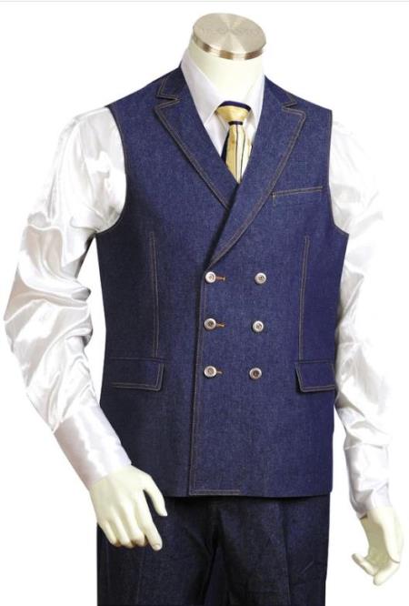 Denim Mens Double Breasted Vest + Denim Jean Blue - Men's Denim 2 piece Set