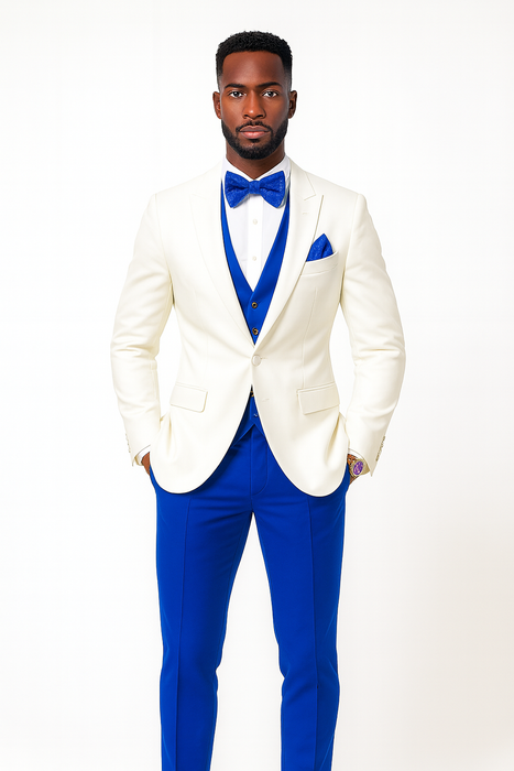 White and Royal Blue Tuxedo Wedding Suit - White Dinner Jacket + Vest + Pants + Bow-tie
