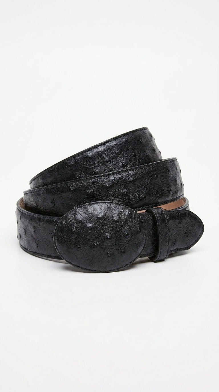 Men’s Black Genuine Ostrich Quill Belt, Exotic Leather Dress Belt for Formal and Western Wear