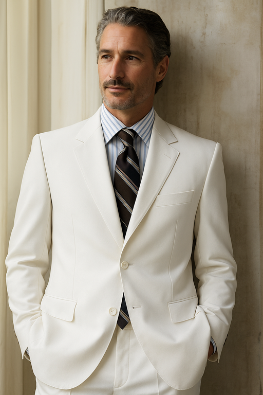 Discounted Sale Designer Solid Snow White Light Weight Fabric 3 Button Style Suits For Men ( Jacket + Pants)