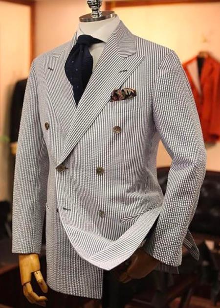 Double Breasted Blue Seersucker Blazer - Summer Sport Coat