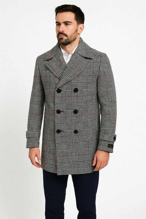 Mens Double-Breasted Houndstooth Plaid Overcoat in Black, White, and Red