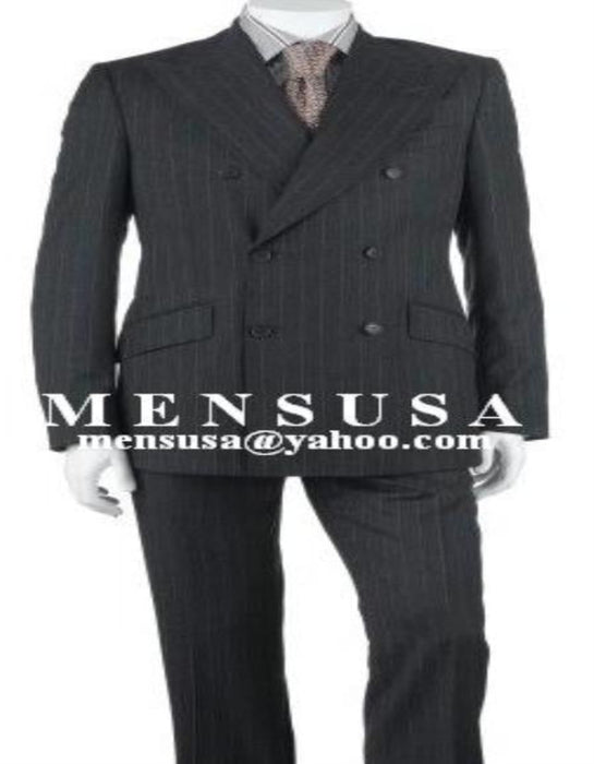 Double Breasted Pinstripe Suits - Charcoal Gray Pinstripe Color Wool Fabric - Business Suis - Flat Front Pants - Modern Fit - Side Vent