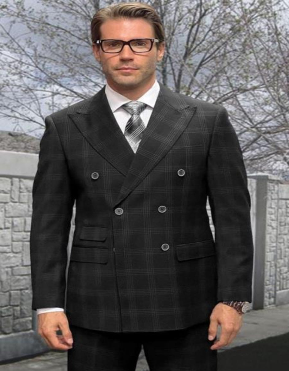 Double Breasted Suit - Wool Plaid Windowpane Suit - Statement Designer Suit Black - 100% Percent Wool Fabric Suit - Worsted Wool Business Suit