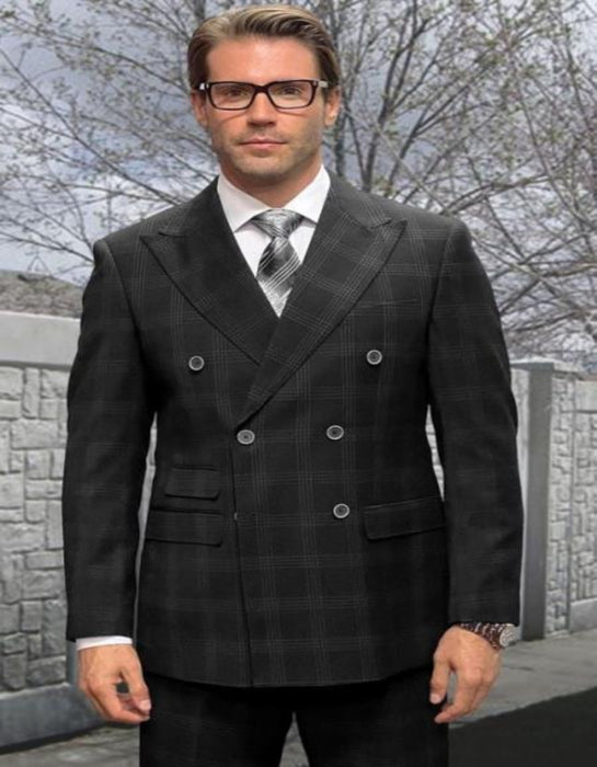 Double Breasted Suit - Wool Plaid Windowpane Suit - Statement Designer Suit Black - 100% Percent Wool Fabric Suit - Worsted Wool Business Suit