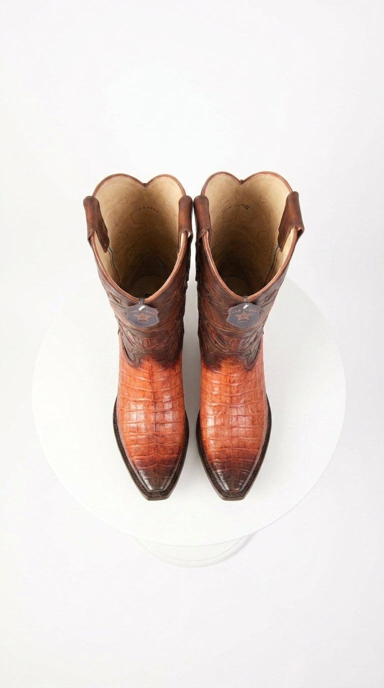 Los Altos Men’s Faded Cognac Caiman Snip Toe Cowboy Boots, Exotic Western Dress Boots
