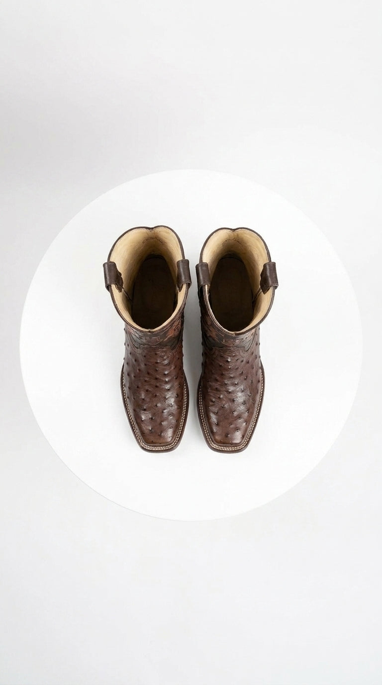 Men’s Brown Square Toe Ostrich Boots, Exotic Western Cowboy Dress Boots